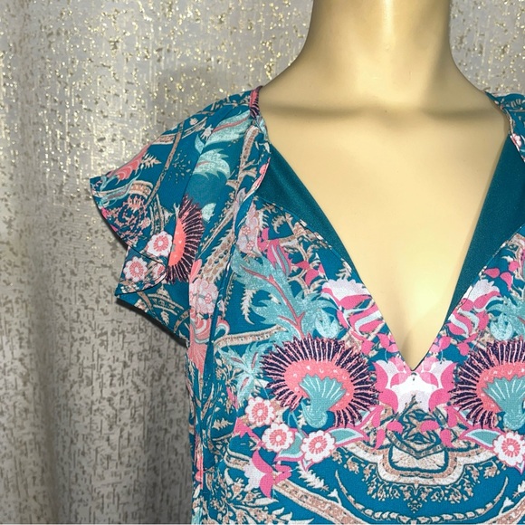 Vince Camuto Teal Chiffon Flutter Sleeve Dress, NWT, Size 4 - Picture 2 of 4